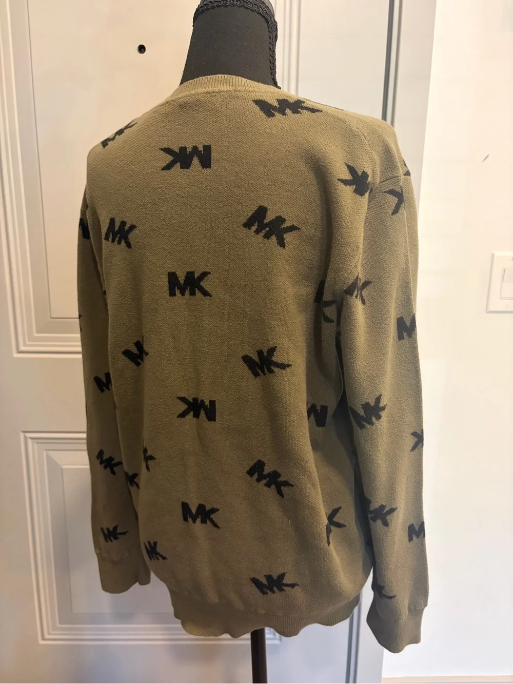 Michael Kors Olive Green Crewneck Sweater with Black MK Pattern